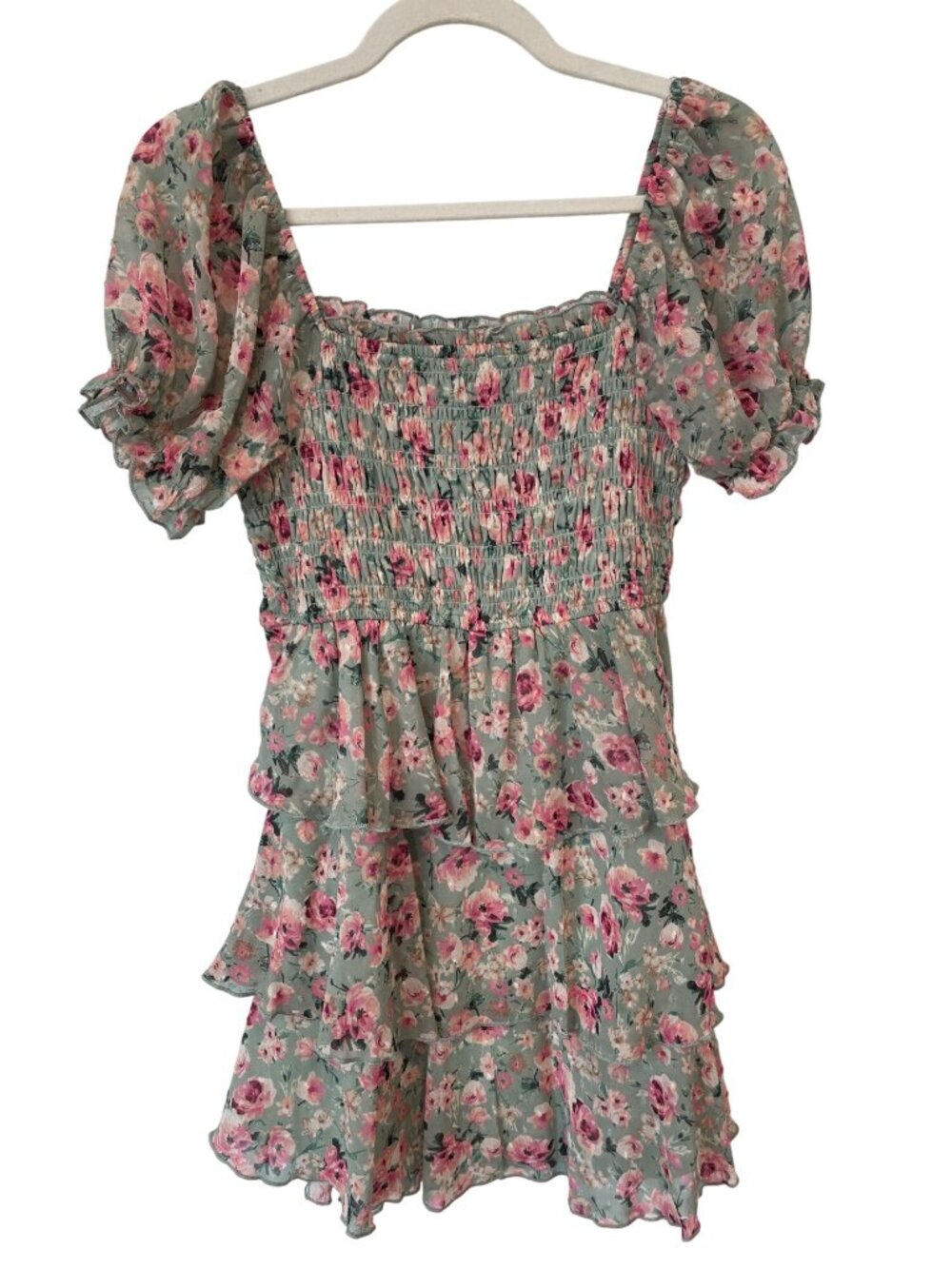 Thirty/Thirty LA Floral Mini Dress Medium Smocked Tiered Ruffle Multicolor Boho